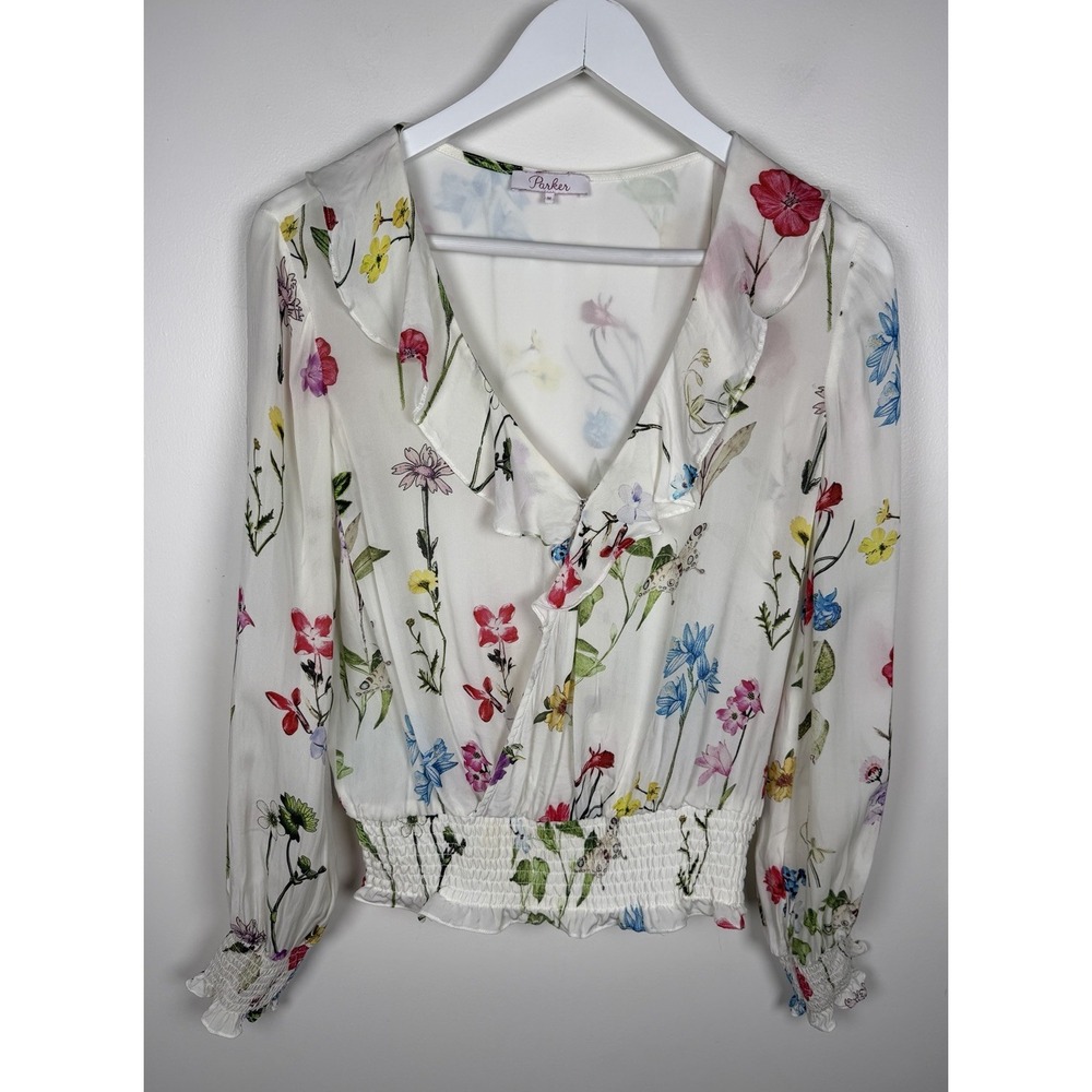 Parker Medium Silk Blend Faux Wrap Floral Ruffle Smocked Feminine Blouse *read*